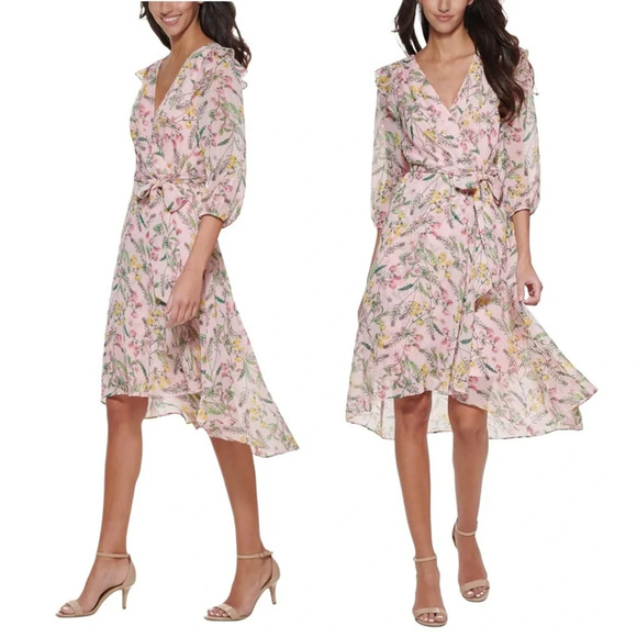 Tommy Hilfiger Dresses & Skirts - Tommy Hilfiger Chiffon Floral boho Fairycore faux Wrap Midi Dress Pink 10 M
